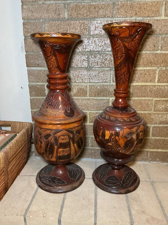 Pair of Handcrafted Wooden Vases with Removable Bases and Carved Designs