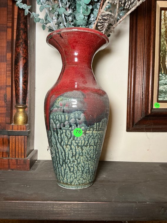 Lantern Hill Pottery 13-Inch Wheel-Thrown Vase with Red and Gray Glaze
