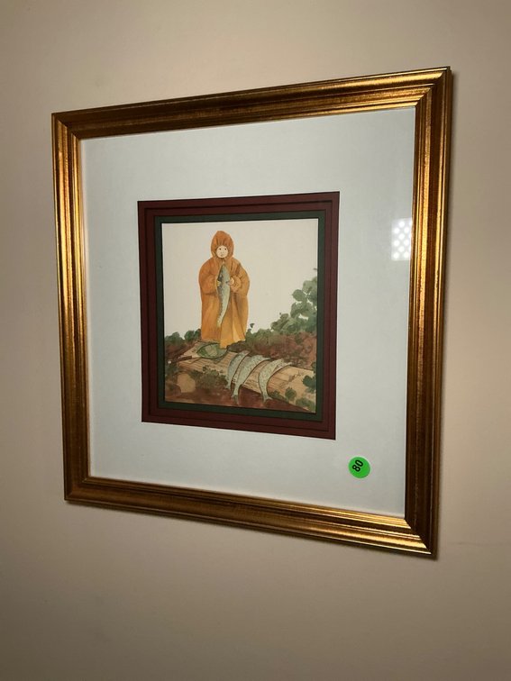 Framed Artwork Depicting Figure With Fish, 16×15 Inches