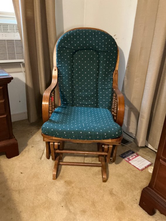 Wooden Glider Chair with Green Upholstered Cushion