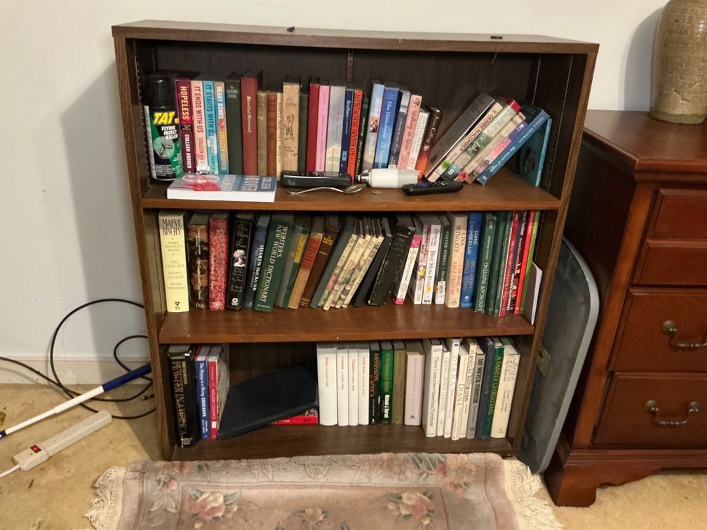 Wooden Bookshelf with Assorted Books of Varied Eras and Genres