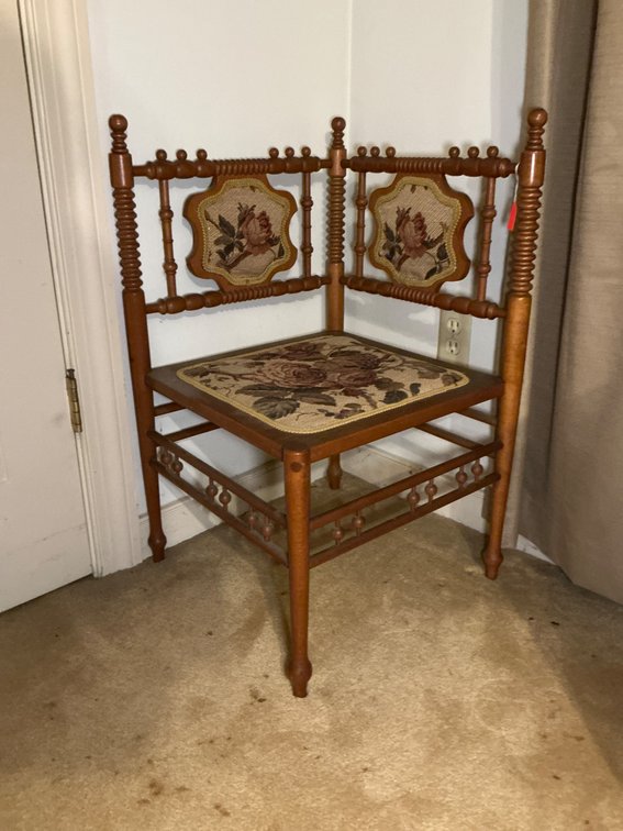 Wooden Corner Chair With Floral Needlepoint Upholstery