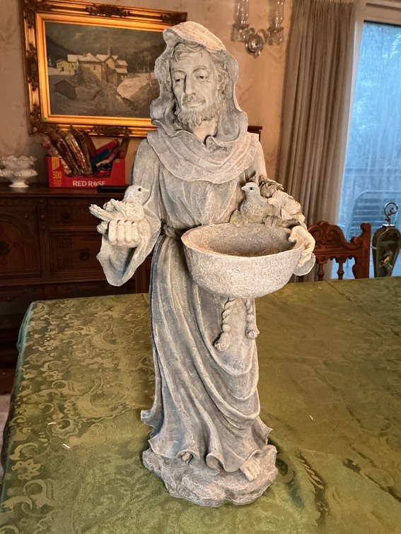 22-Inch Religious Figure with Birds Holding a Water Bowl Statue