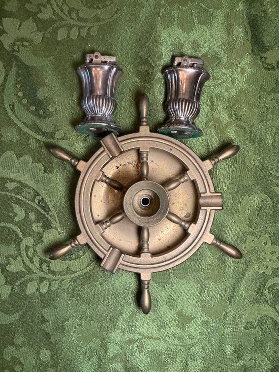Brass Ship Wheel Ashtray with Two Ronson Mayfair Lighters