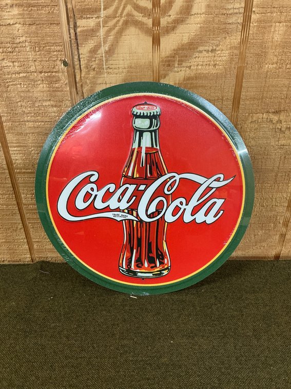 Reproduction Coca-Cola Round Metal Sign Featuring Classic Bottle Design