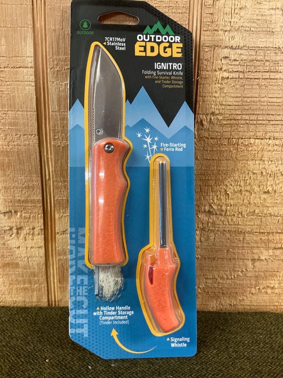 Outdoor Edge IGNITRO Folding Survival Knife With Fire-Starter and Whistle