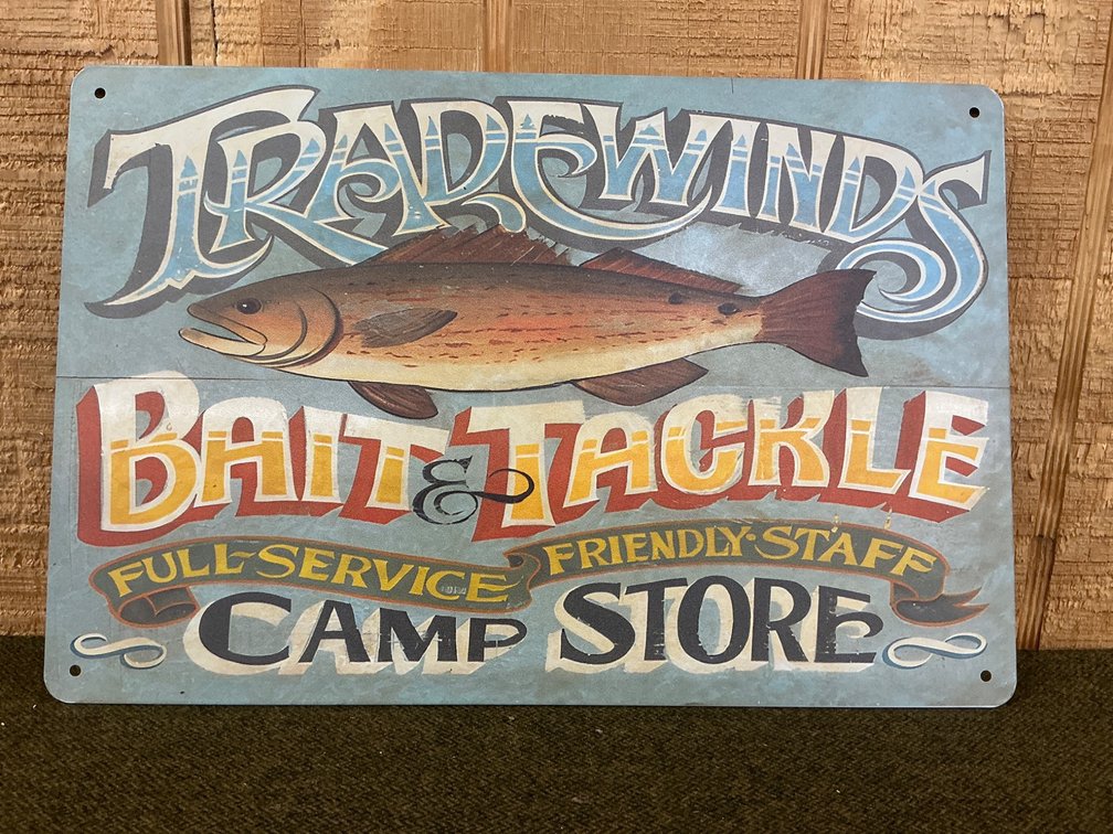 12×8 Reproduction Metal Sign for Tradewinds Bait and Tackle Store