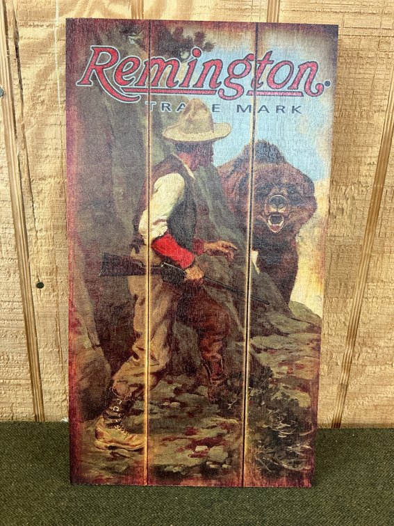14×8 Wooden Reproduction Sign Featuring Remington Trademark Design