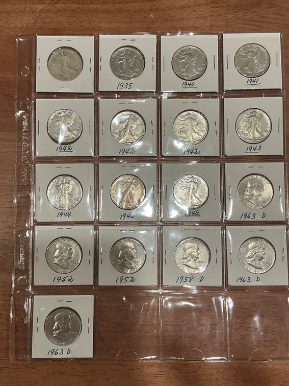 17 Assorted Dates 90% Silver Half Dollars in Protective Sleeves
