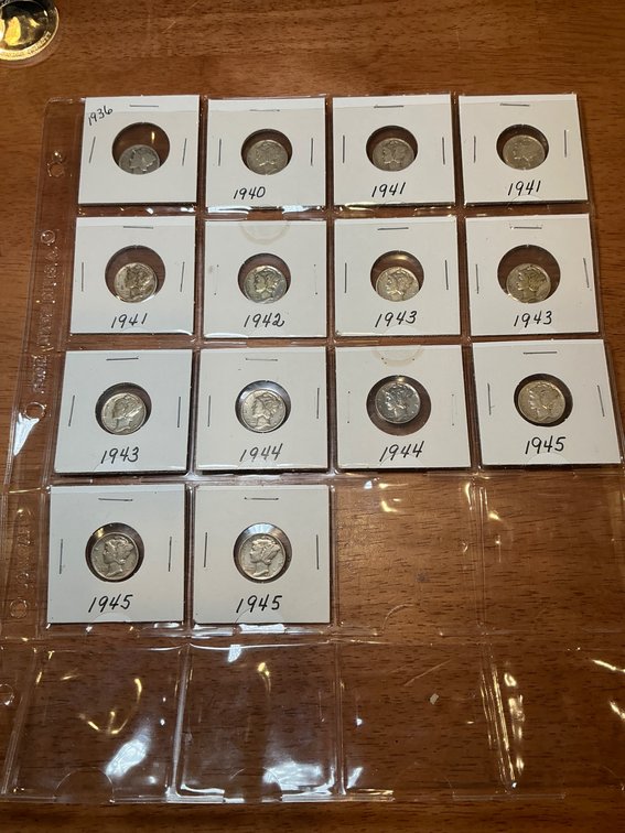 14 Assorted Dates 90% Silver Mercury Dimes Displayed in Coin Holders