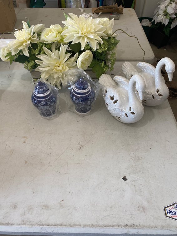 Decorative Ceramic Swans and Blue Floral Ginger Jars