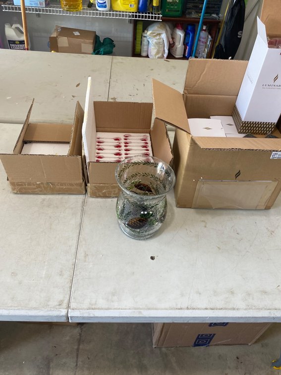 Luminara Candles, Red Glass Bulb Ornaments, and Decorative Glass Vase Set