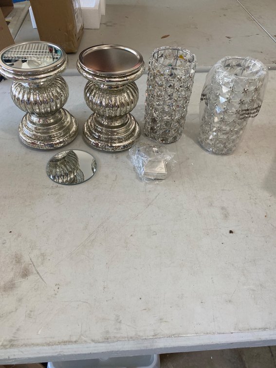 Mercury Glass Candle Holders, Crystal Vases, and Mirror Discs