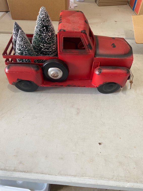 Red Metal Pickup Truck Decoration with Faux Pine Trees