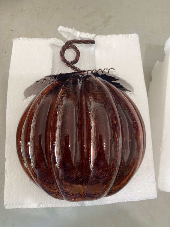 Glass Pumpkin Sculpture With Twisted Stem and Leaf Design