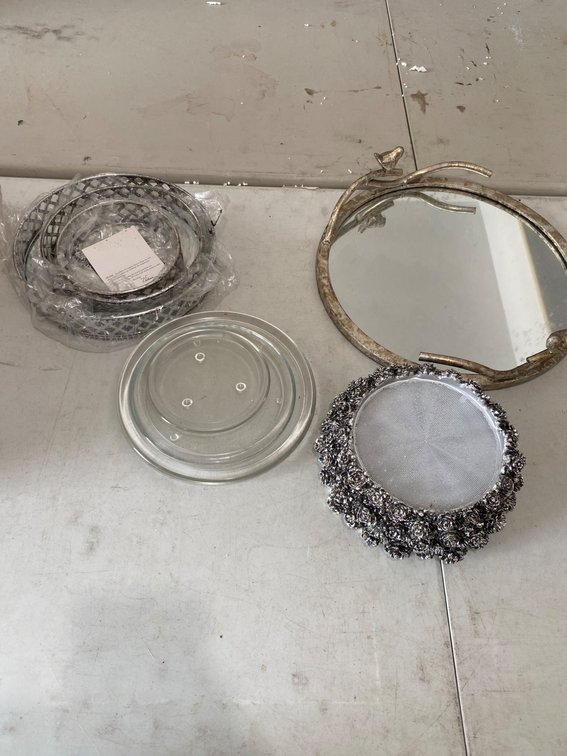 Decorative Metal and Glass Trays with Ornamental Accents