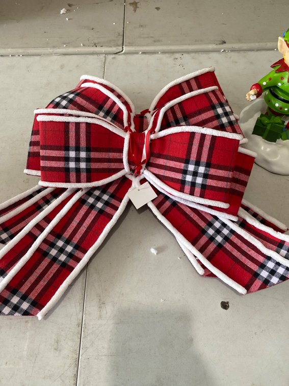 Holiday Decorations with Red Plaid Bow, Elf Figurine, and Ornaments