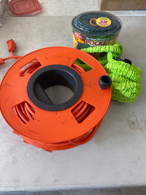 Outdoor Electric Cord Reel and Expandable Garden Hose Set