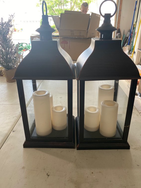 Two Black Metal Lanterns with Candle Inserts