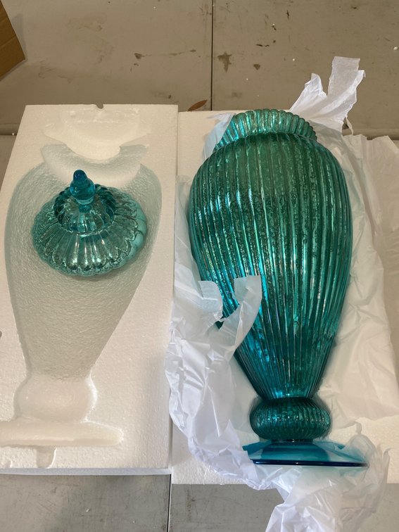 Large Blue Ribbed Glass Vase With Lid in Original Packaging