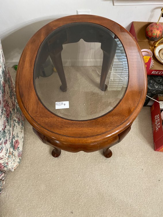 Oval Wooden Side Table With Glass Top and Cabriole Legs L
