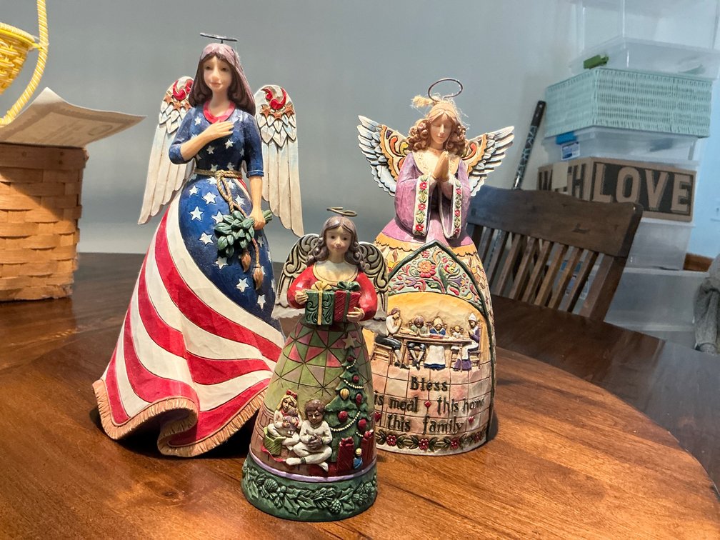 Three Jim Shore Angel Figurines Featuring Patriotic and Family Themes D