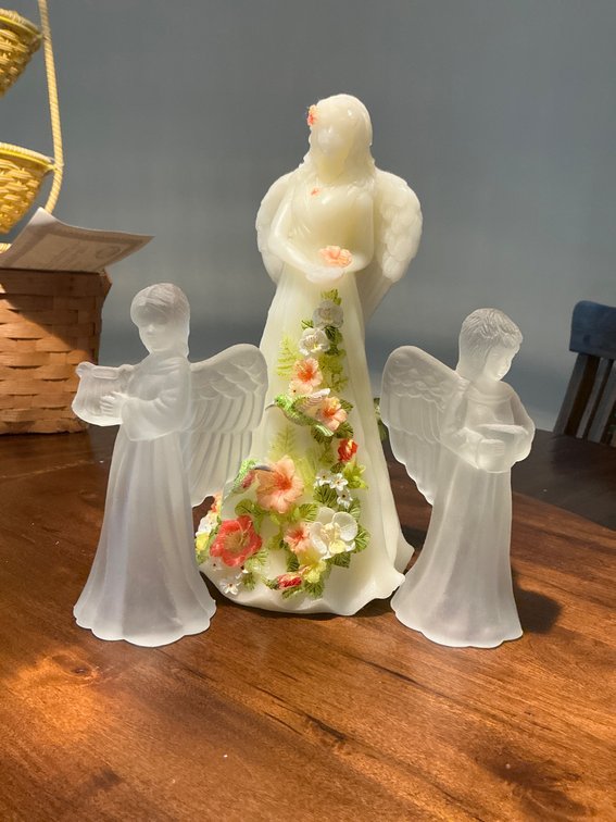 Figurine Set Featuring Angel with Floral Design and Two Frosted Angels