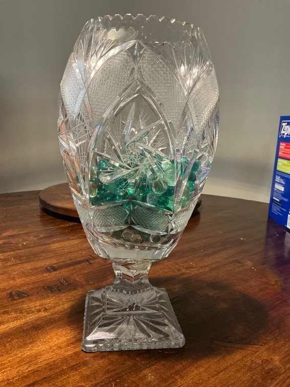 14  & 10 Inch Cut Glass Vases Featuring Intricate Designs