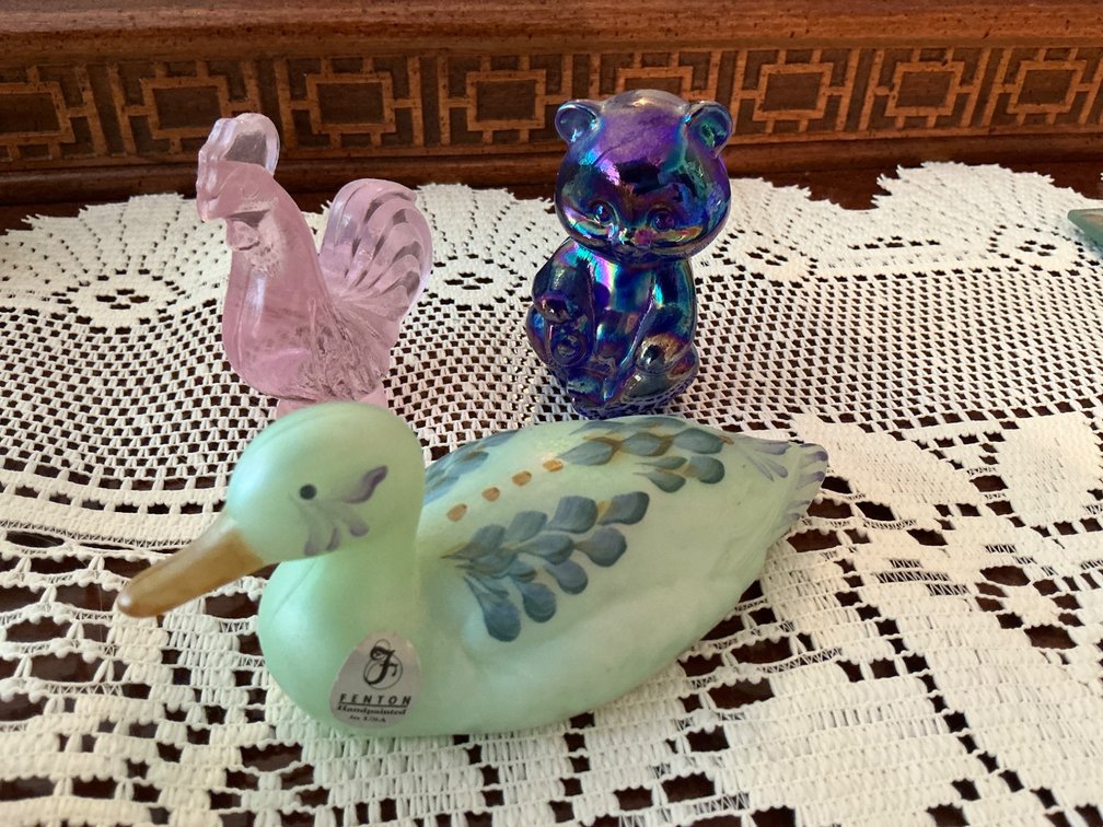Three Figurines: Fenton Hand-Painted Duck, Iridescent Bear, and Pink Swan