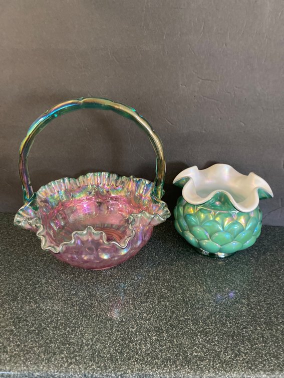 Signed Fenton Glass Basket and Green Ruffled Glass Vase