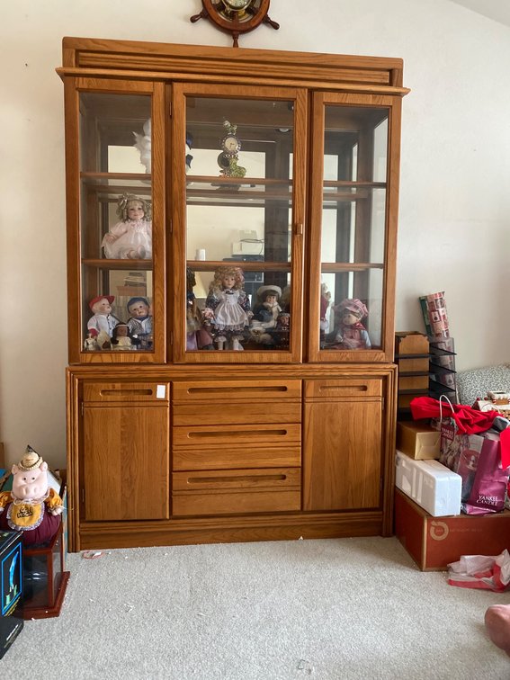 Wooden China Cabinet With Glass Display and Storage Drawers Upstairs Off