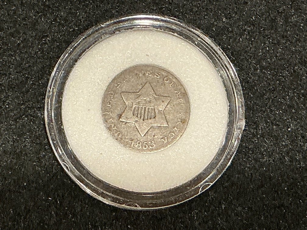 1853 Three Cent Silver Coin in Protective Holder