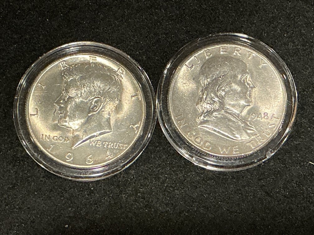 1964 Kennedy Half Dollar and 1948 Franklin Half Dollar in Protective Cases