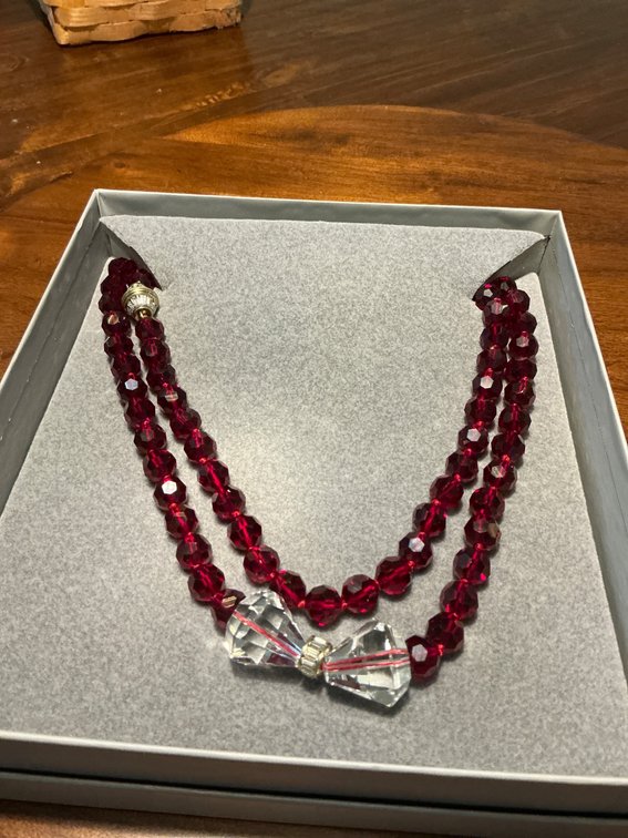 Double-Strand Red Beaded Necklace with Crystal Bow Accent