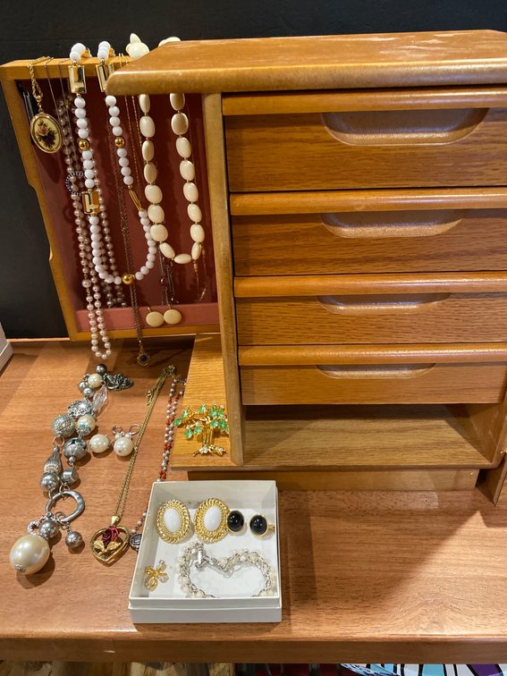 Wooden Jewelry Box with Assorted Jewelry Collection