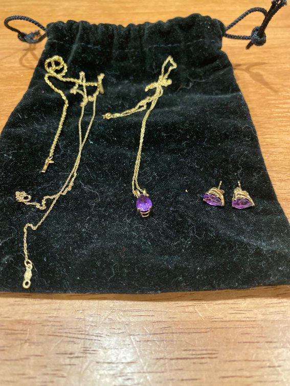 Gold Chain Necklace and Amethyst Earring Set with Black Velvet Pouch