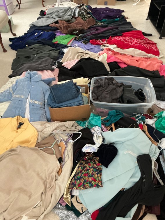 Women’s Clothing Lot in Sizes L, XL, Size 7.5 Shoes, and 12p Jeans