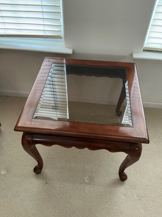 Wooden Side Table With Glass Top and Curved Legs