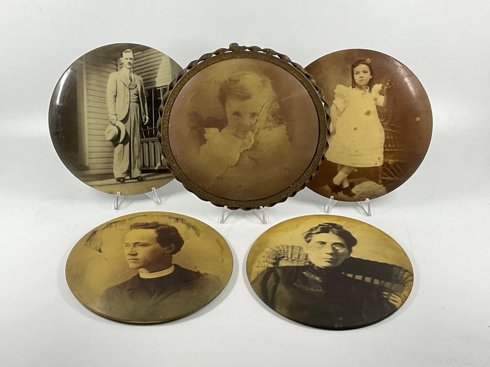 Antique Celluloid Tin Photo Buttons and Frame