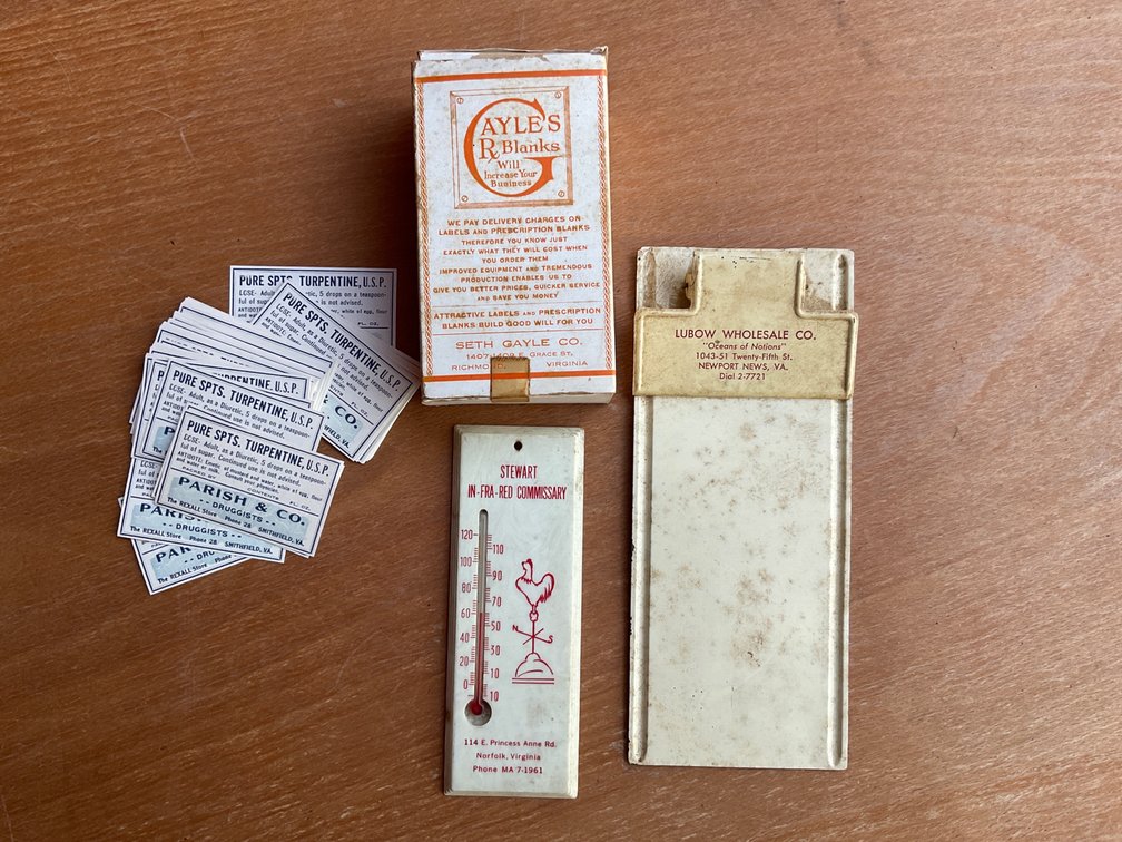 Local Advertising Thermometer, Clipboard, and Pharmacy Labels