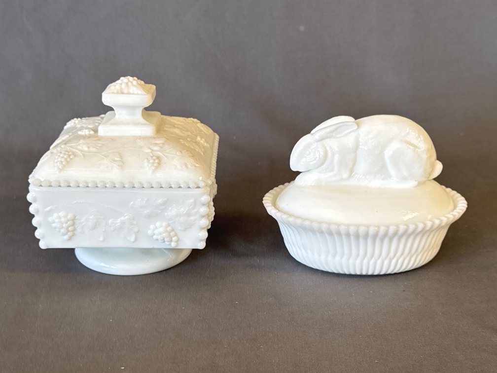 Milk Glass Covered Dishes: Paneling Grapes and Rabbit