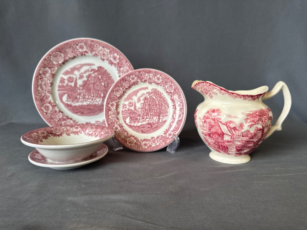 Shenango Roselyn Pink Transferware with Johnson Brother’s Mill Stream Pitcher