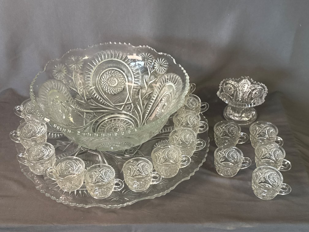Pressed Glass Punch Bowl w/Tray and 21 Cups