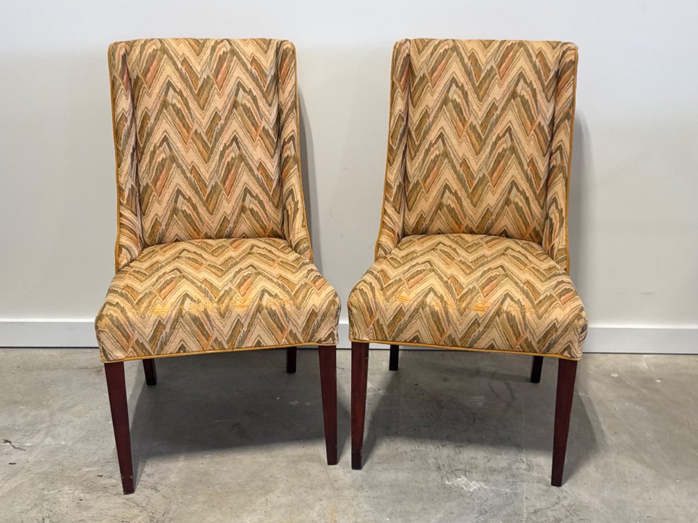 Pair Upholstered Side Chairs in Chevron Fabric with Tapered Legs