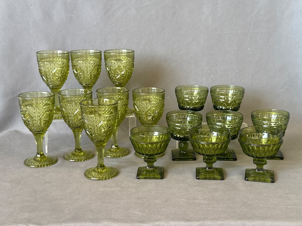 Green Pattern Glass Stemware and Sherbets