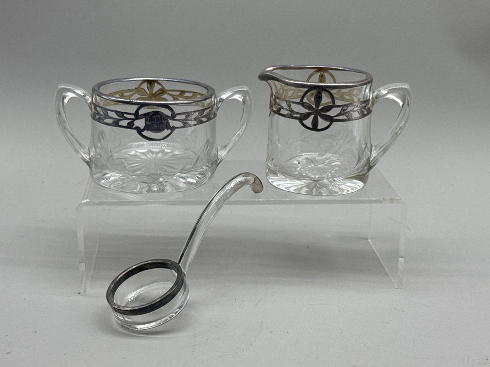 Art Nouveau Silver Overlay Cut Glass Cream and Sugar Set, Condiment Spoon