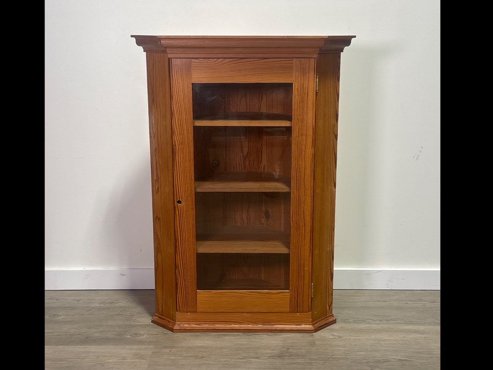 Pine Glass-Front Hanging Corner Cabinet