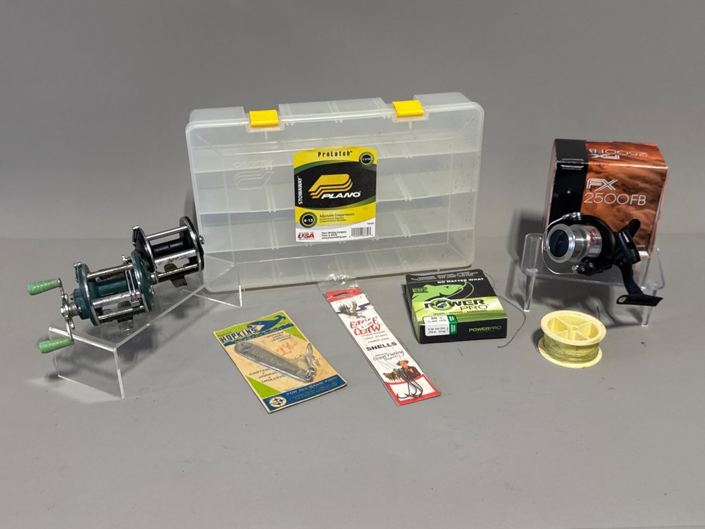 Shimano FX 2500FB, Penn Peer Reels, Plano Box & Tackle Assortment