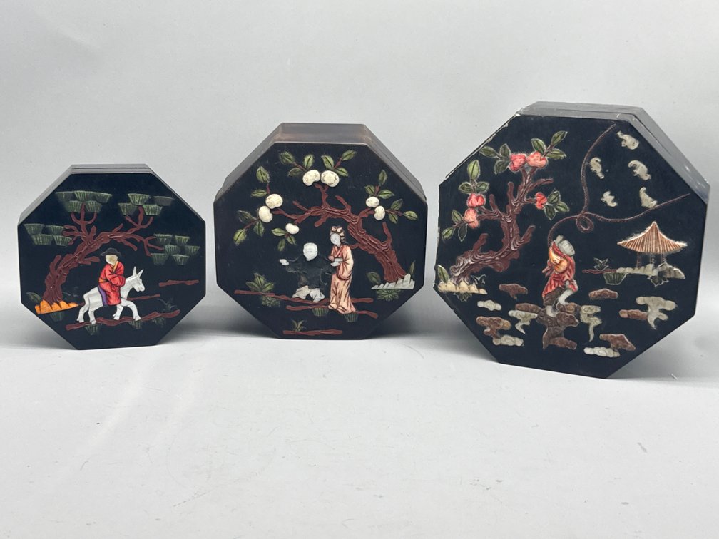 Asian Black Lacquer Inlaid Octagonal Nesting Boxes