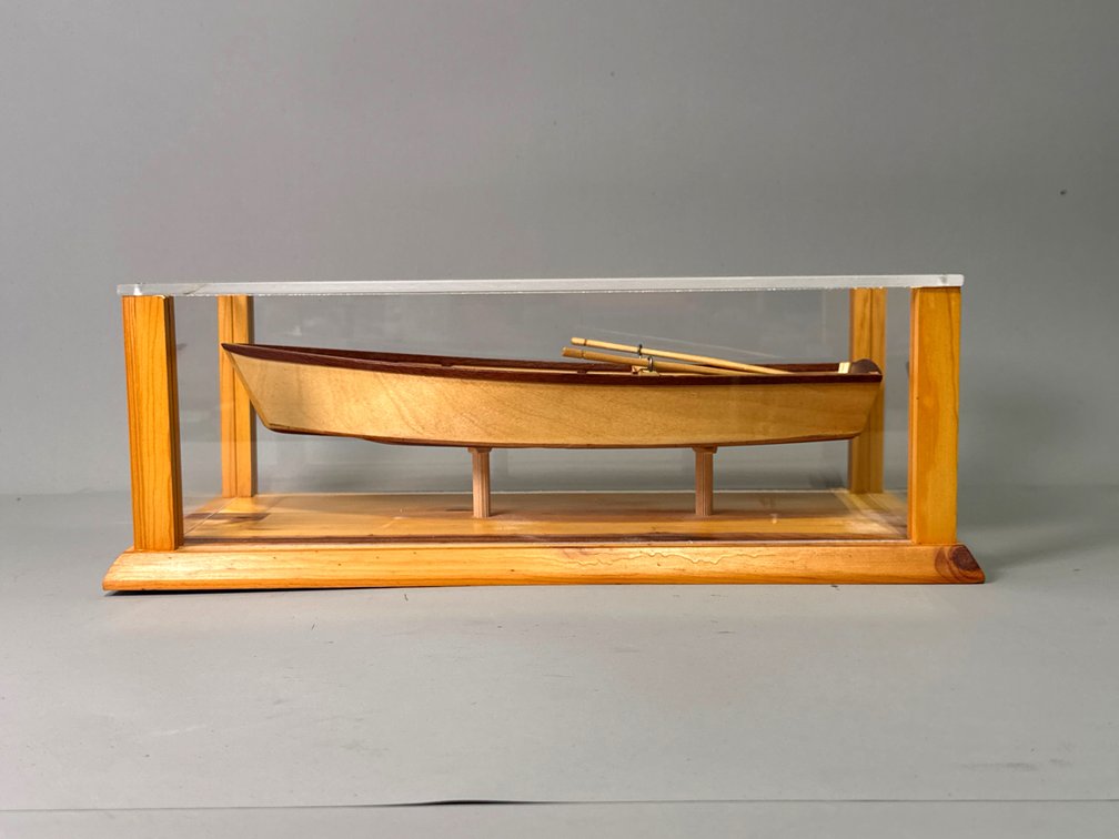 Wooden Rowboat Scale Model in Display Case